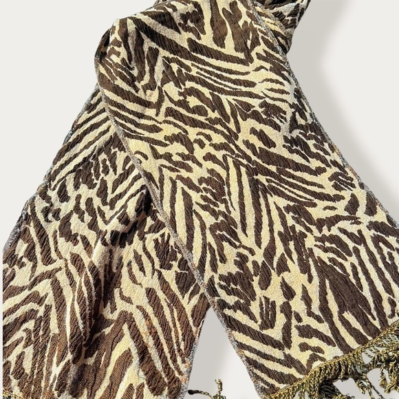 Tolani Vintage Animal Print Scarf Fringe Brown Tan 74x9 - Picture 7 of 9